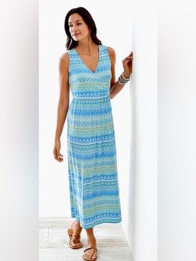 J. Jill Blue and Green Sleeveless V-Neck Maxi Dress